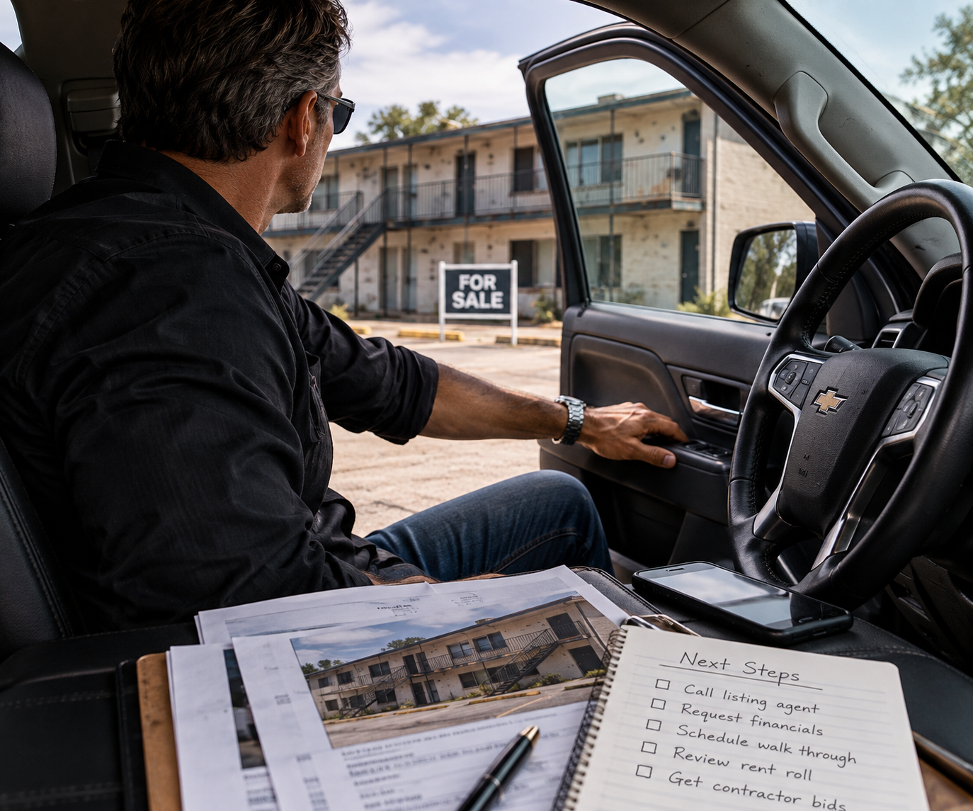 Man in car reviewing property documents with a For Sale building in the background